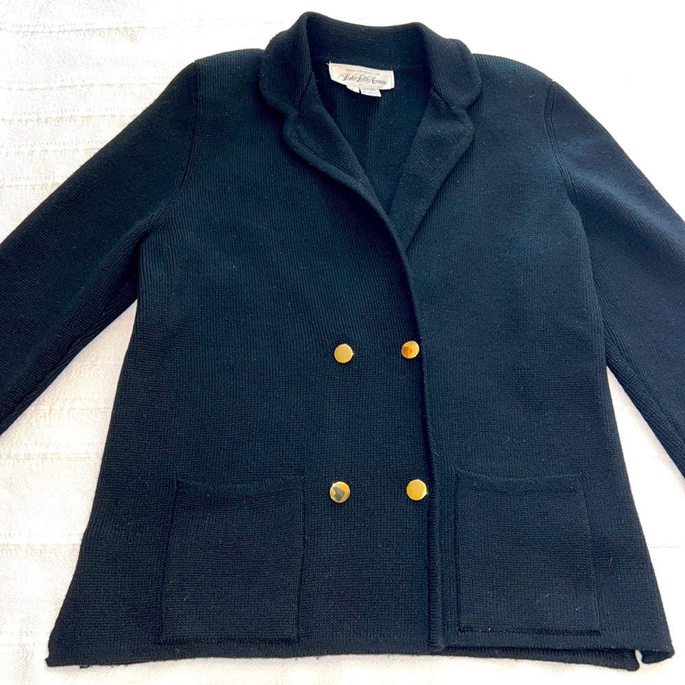 Saks Fifth Avenue Black Double-Breasted Knit Cardigan with Gold Buttons